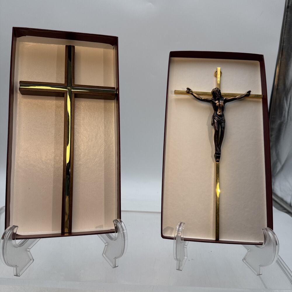 Vintage LOT OF 2 Crucifix Crosses One INRI Brass Wall Hanging & One Wood
